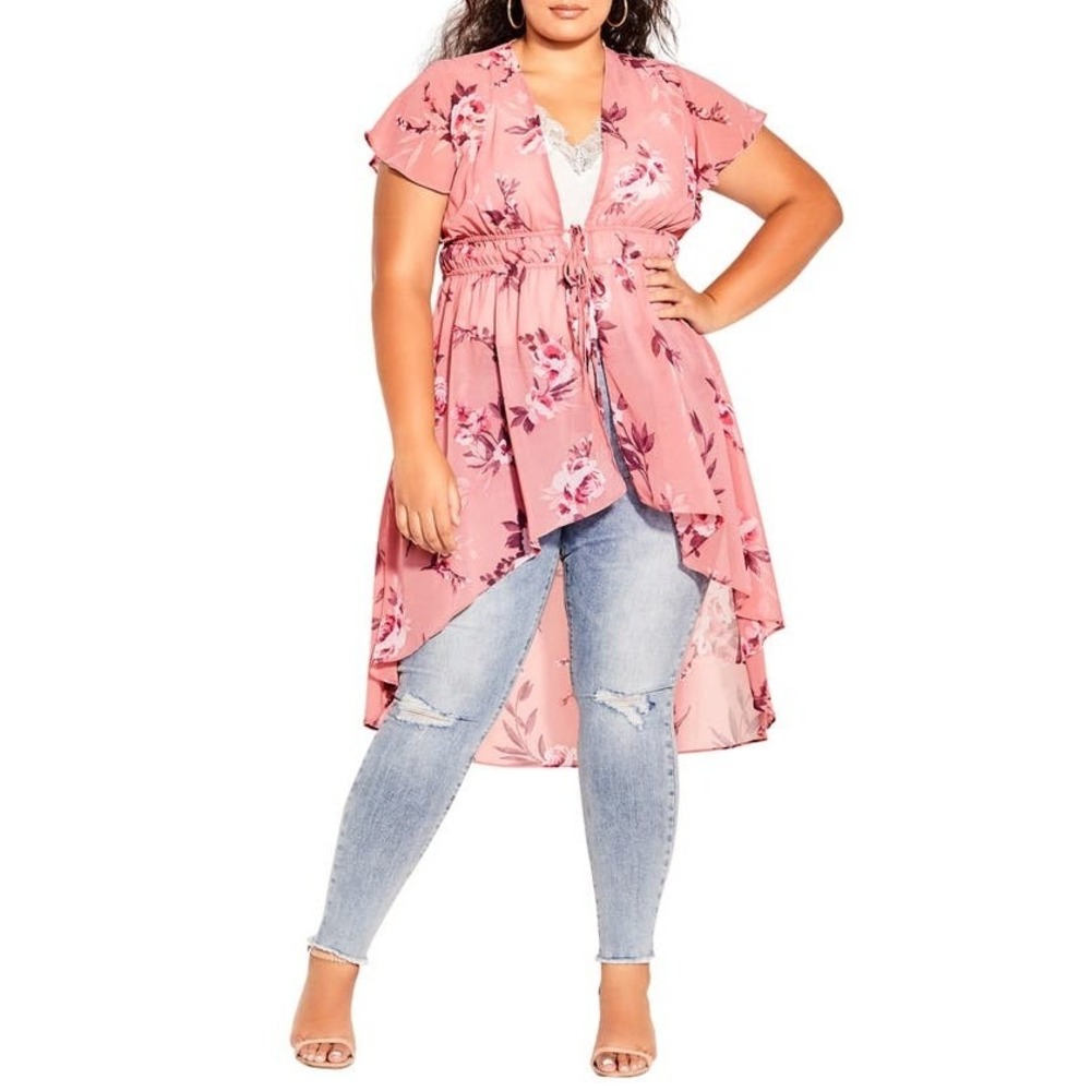 City Chic Pretty Rose Floral Kimono Jacket Pink S/16